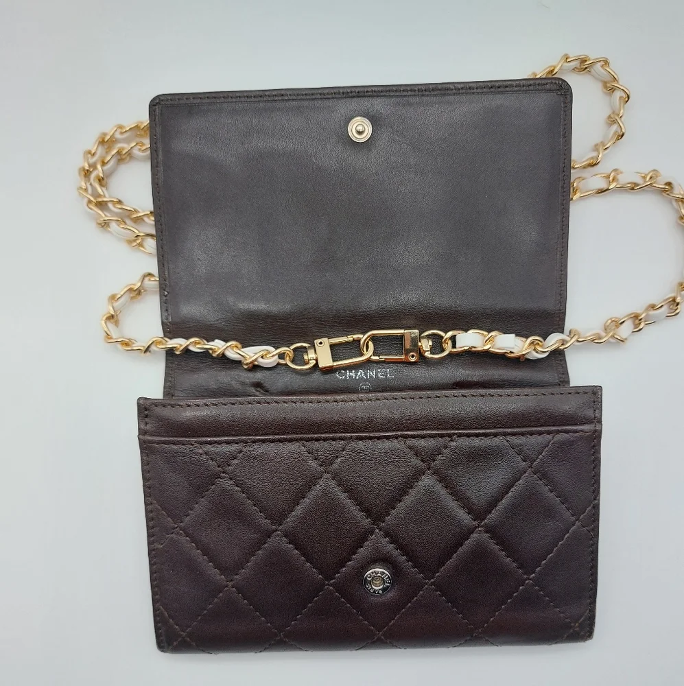 CHANEL Black & Tan Quilted Wallet-on-Chain with Gold Chain